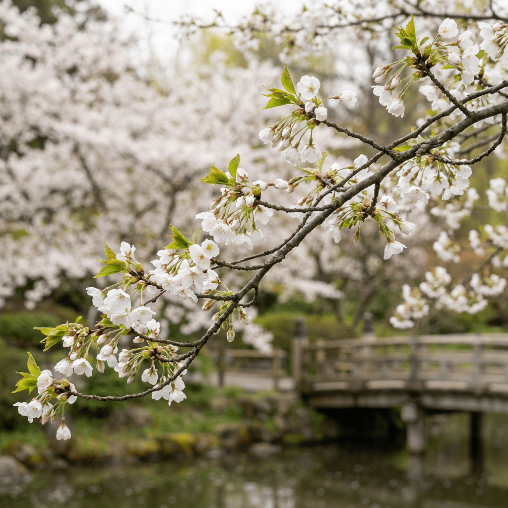 Close-up of a blooming cherry blossom branch with a wooden bridge in the background.