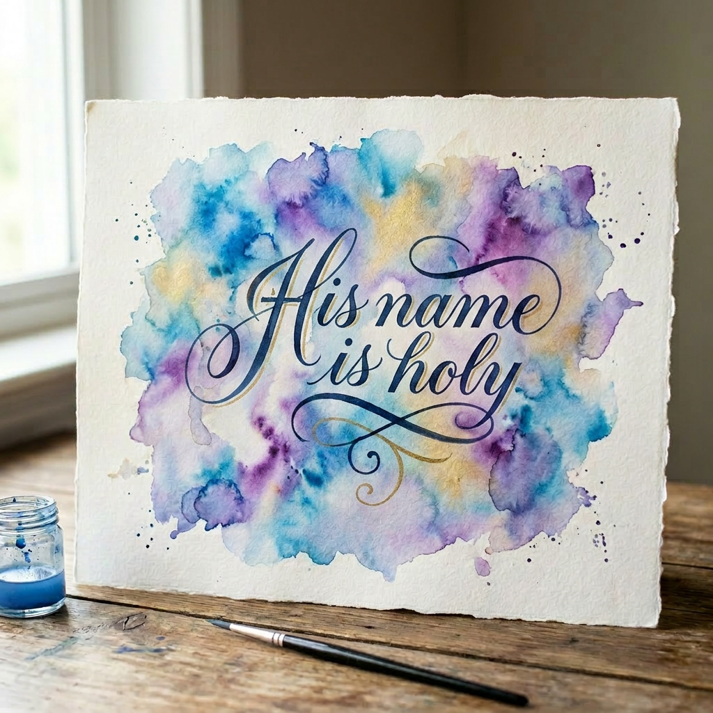 Calligraphy of the name Jesus with watercolor background and text EST. 33 AD