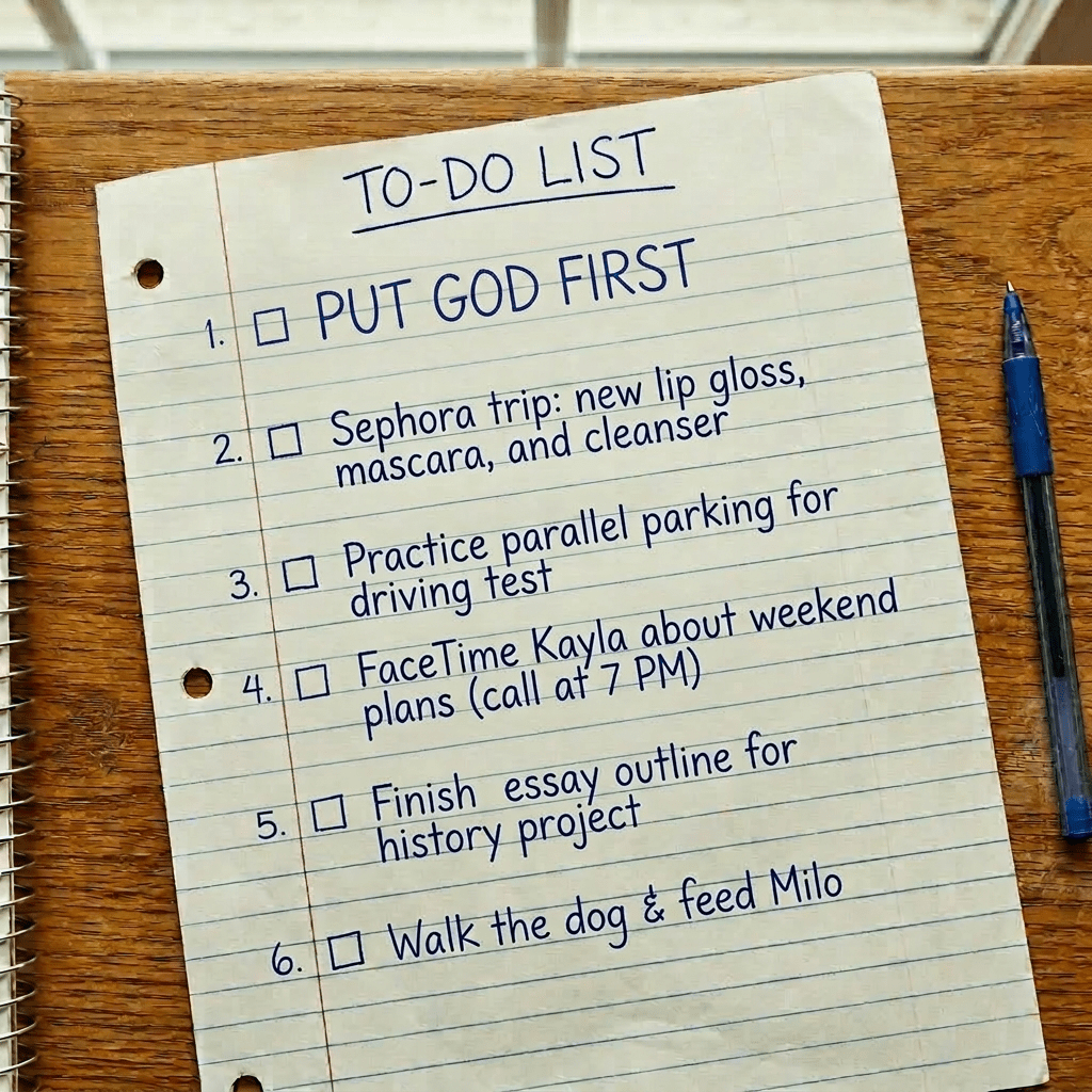 Handwritten to-do list with tasks and checkboxes, some checked off