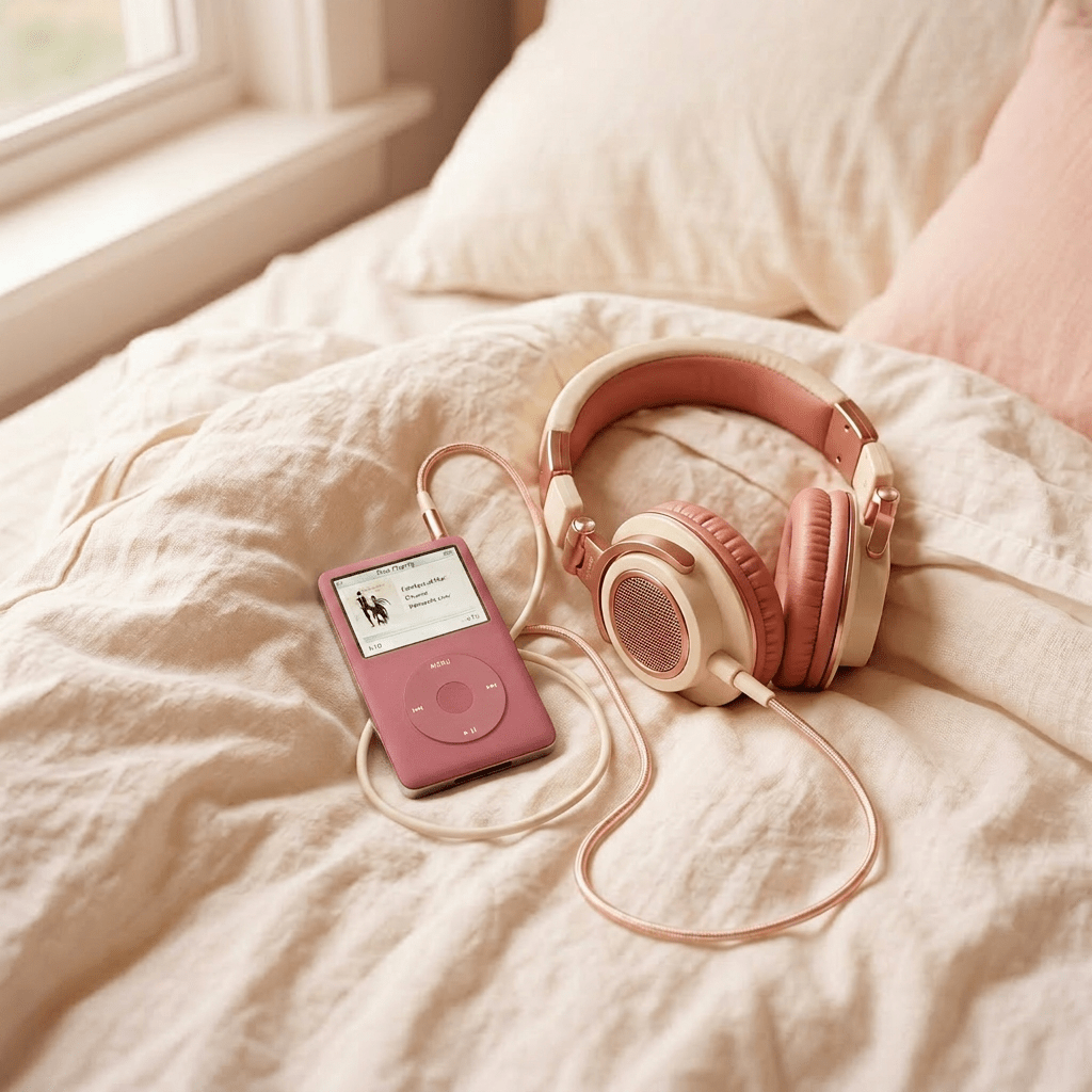 Black iPod with headphones on a bed with white and beige bedding